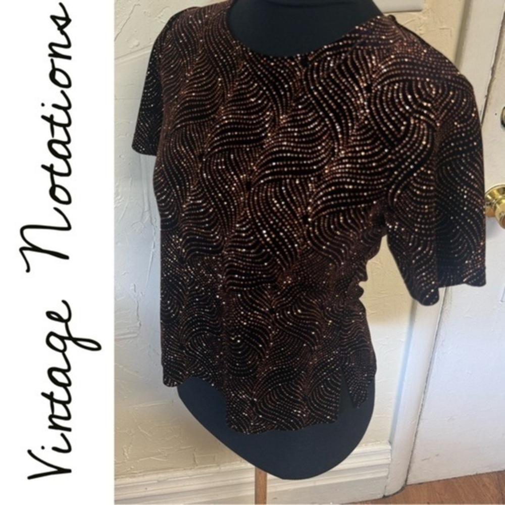 RARE VTG Notations Black & Brown Shimmer Fitted Short Sleeve Top